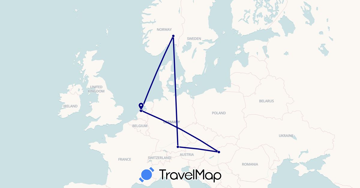 TravelMap itinerary: driving in Germany, Hungary, Netherlands, Norway (Europe)